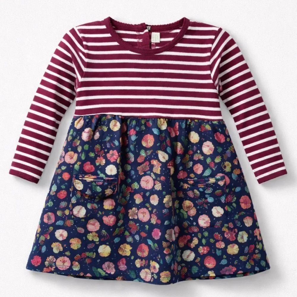 JoJo Maman Bebe navy white stripe and fall print long sleeve knit dress 12-18 m